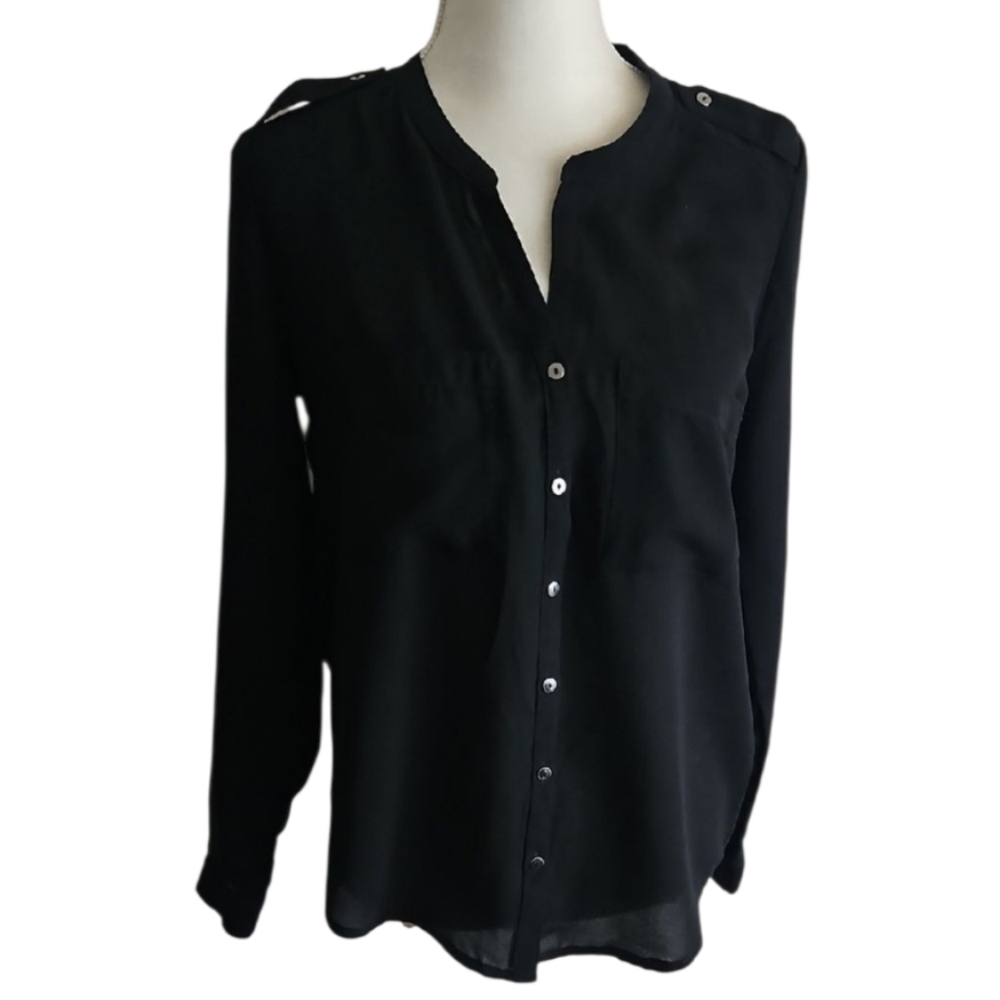 H&m Black Button-Up Semi Sheer Blouse Size M